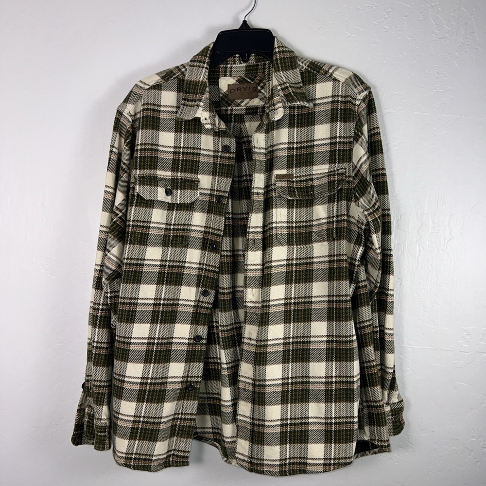 Orvis Mens Heavy Cotton Flannel Plaid Button-Up Shacket Jacket Size Medium